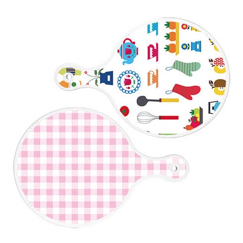 로엠디자인 서빙 원형 도마 보드 2p 클립아트과일 세트, 클립아트과일, 체크파스텔핑크, 1세트