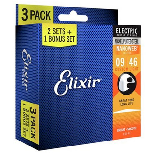Elixir Electric NANOWEB 일렉기타 스트링 Custom Light 009-046 3p, 16541, 1개