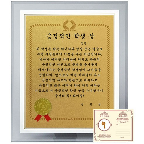럭키심볼 수능 행운의 크리스탈 감사패 8G 감사장 세트 긍정적인 학생 상 + 행운의 황금도끼 전자파 차단스티커, 1세트