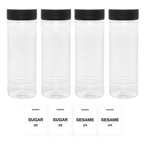 병도매닷컴 투명 원형PET양념통 검정캡 + 투명 스티커, 1세트, 양념통 140ml x 4p + 스티커 설탕 2p + 참깨 2p