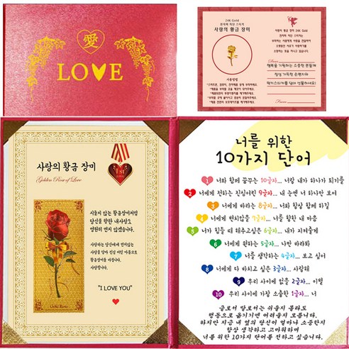 럭키심볼 연인이벤트선물 사랑의 황금장미 핑크케이스 세트, 1세트, 너를 위한 10가지 단어