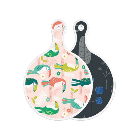 로엠디자인 양면 원형 서빙 도마 보드 구관조핑크, 감색나무라인, 1개