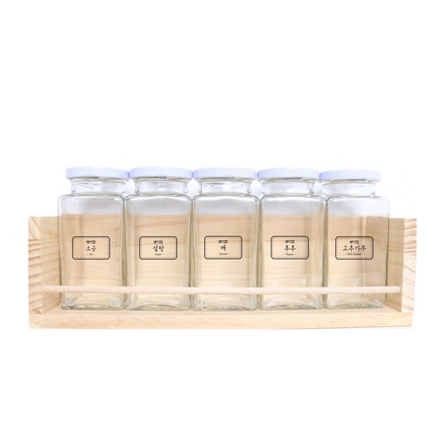 핸드팩토리 양념통 사각 라지 5p + 1단 양념통 우드선반 + 라벨, 1세트, 양념통 화이트캡 5p + 우드선반 + 도트라인 라벨