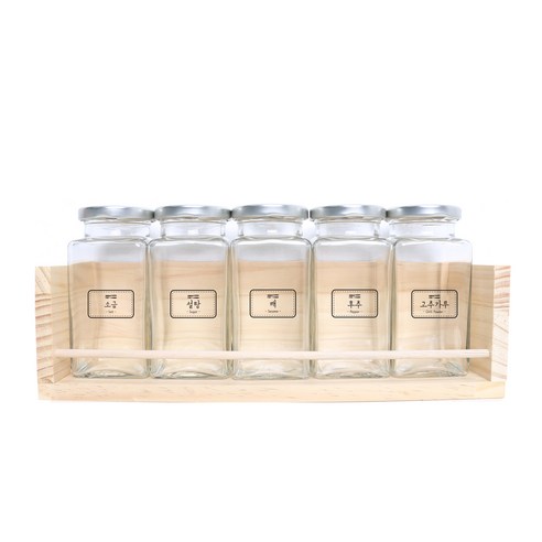 핸드팩토리 양념통 사각 라지 5p + 1단 양념통 우드선반 + 라벨, 1세트, 양념통 실버캡 5p + 우드선반 + 도트라인 라벨