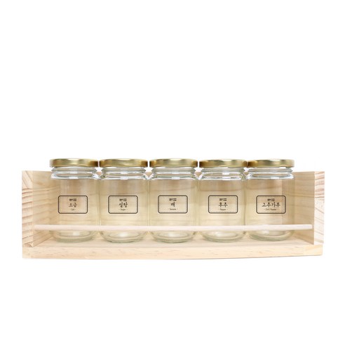 핸드팩토리 양념통 원형 스몰 5p + 1단 양념통 우드선반 + 라벨, 1세트, 양념통 골드캡 5p + 우드선반 + 도트라인 라벨