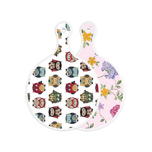 로엠디자인 양면 원형 서빙도마 보드 Cute부엉이, 로맨틱레드floral연분홍색, 1개