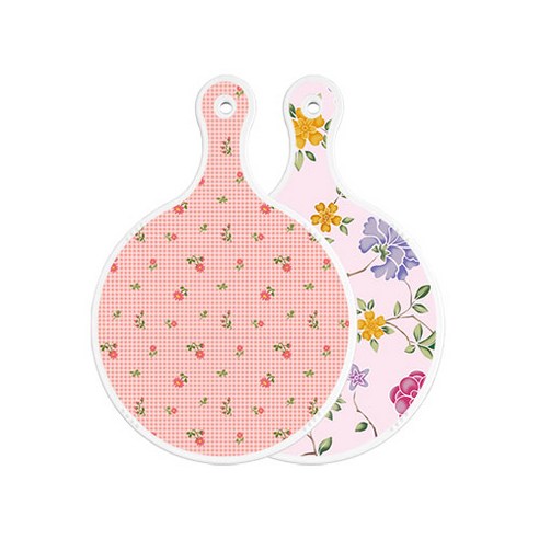 로엠디자인 양면 원형 서빙 도마 보드 핑크플라워체크, 로맨틱레드floral연분홍색, 1개