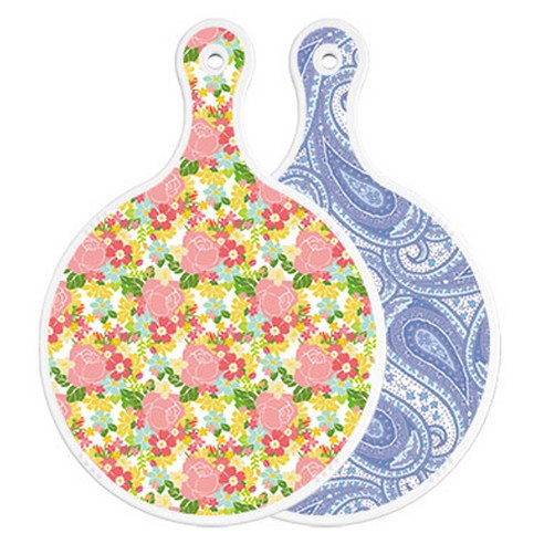 로엠디자인 양면 원형 서빙도마 보드 분홍장미넝쿨, 청백색라인아트, 1개