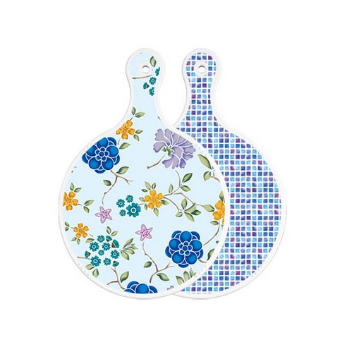 로엠디자인 양면 원형 서빙 도마 보드 로맨틱블루floral비색, 블루타일, 1개