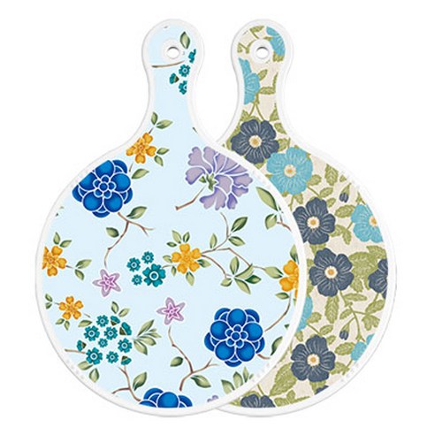 로엠디자인 양면 원형 서빙 도마 보드 로맨틱블루floral비색, 플라워자황색, 1개