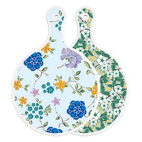 로엠디자인 양면 원형 서빙 도마 보드 로맨틱블루floral비색, 플라워회색, 1개