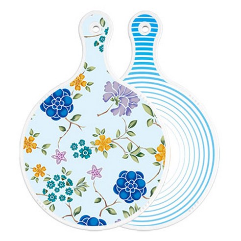 로엠디자인 양면 원형 서빙 도마 보드 로맨틱블루floral비색, 피쉬라인블루, 1개