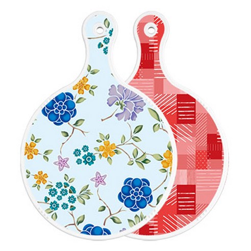 로엠디자인 양면 원형 서빙 도마 보드 로맨틱블루floral비색, 장단색체크, 1개
