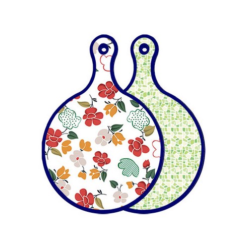 로엠디자인 블루에디션 양면 디자인 원형 서빙도마 floral목련패턴, 그린타일, 1개