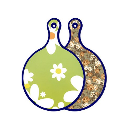 로엠디자인 블루에디션 양면 원형 서빙 도마 floral design하얀개나리, 토색플라워, 1개