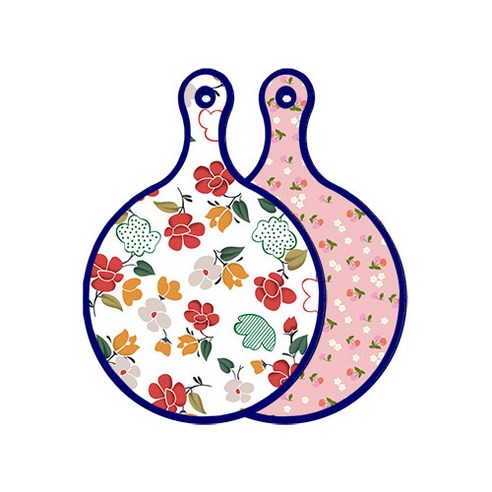 로엠디자인 블루에디션 양면 디자인 원형 서빙도마 floral목련패턴, 주홍색체리, 1개