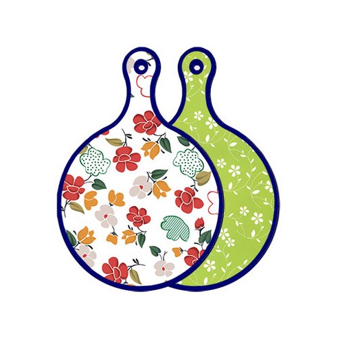 로엠디자인 블루에디션 양면 디자인 원형 서빙도마 floral목련패턴, 라인플라워-그린, 1개