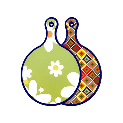 로엠디자인 블루에디션 양면 원형 서빙 도마 floral design하얀개나리, 체크라인다이아, 1개