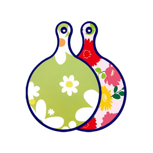 로엠디자인 블루에디션 양면 원형 서빙 도마 floral design하얀개나리, 국화핑크분홍, 1개