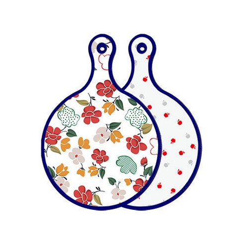 로엠디자인 블루에디션 양면 디자인 원형 서빙도마 floral목련패턴, 구색사과, 1개