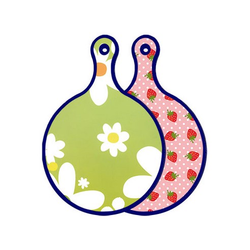 로엠디자인 블루에디션 양면 원형 서빙 도마 floral design하얀개나리, 핑크딸기, 1개
