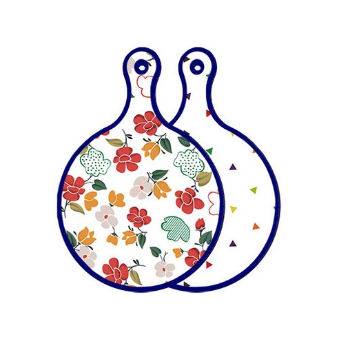로엠디자인 블루에디션 양면 디자인 원형 서빙도마 floral목련패턴, 세모점, 1개
