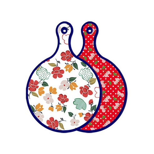 로엠디자인 블루에디션 양면 디자인 원형 서빙도마 floral목련패턴, 레드체리, 1개
