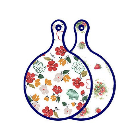 로엠디자인 블루에디션 양면 디자인 원형 서빙도마 floral목련패턴, 딸기아트웍, 1개