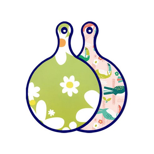 로엠디자인 블루에디션 양면 원형 서빙 도마 floral design하얀개나리, 구관조핑크, 1개