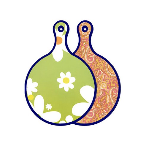 로엠디자인 블루에디션 양면 원형 서빙 도마 floral design하얀개나리, 적황색라인아트, 1개
