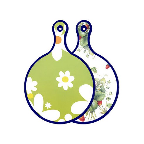 로엠디자인 블루에디션 양면 원형 서빙 도마 floral design하얀개나리, 산딸기아트웍, 1개