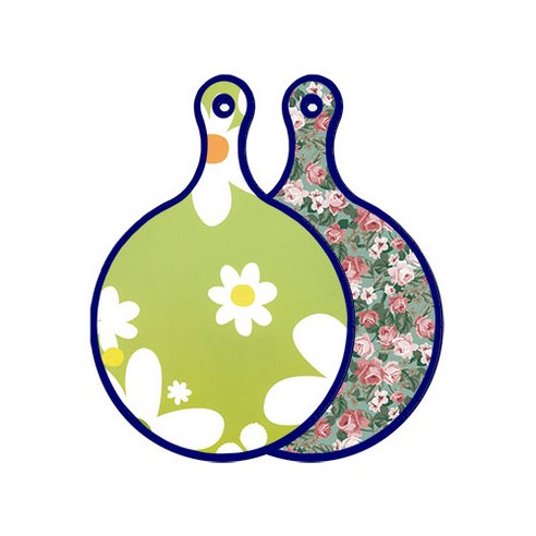 로엠디자인 블루에디션 양면 원형 서빙 도마 floral design하얀개나리, 흑록색가든플라워, 1개
