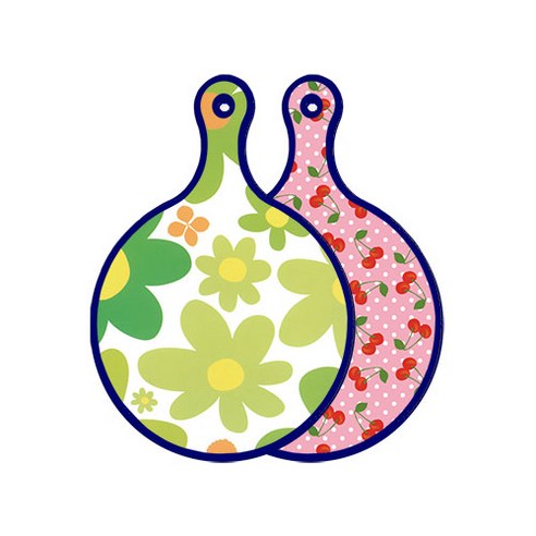 로엠디자인 블루에디션 양면 원형 서빙 도마 floral 개나리, 핑크체리, 1개