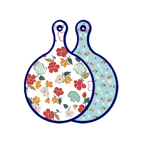 로엠디자인 블루에디션 양면 디자인 원형 서빙도마 floral목련패턴, 천청색체리, 1개
