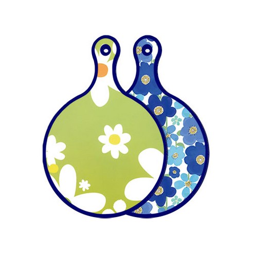 로엠디자인 블루에디션 양면 원형 서빙도마 보드 floraldesign 하얀개나리, 벽청색플라워, 1개