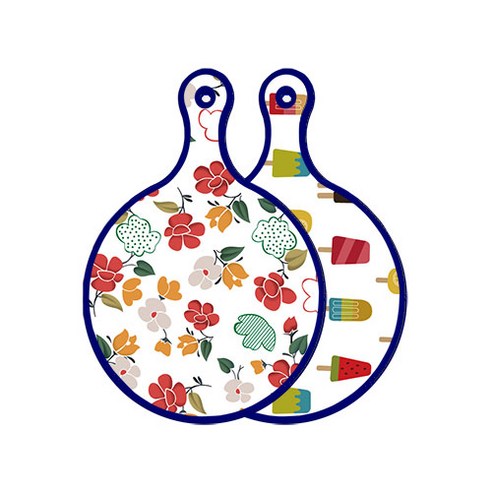 로엠디자인 블루에디션 양면 원형 서빙 도마 floral 목련 패턴, 하드, 1개