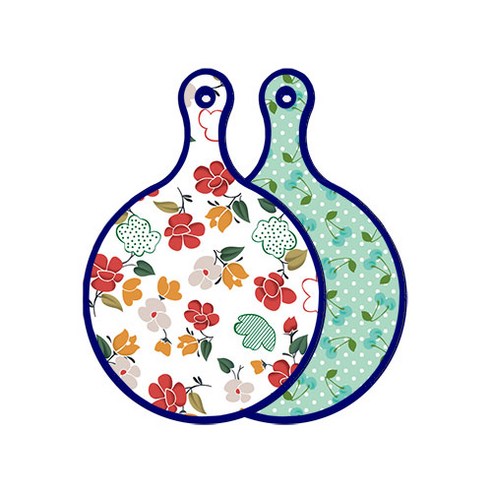 로엠디자인 블루에디션 양면 원형 서빙 도마 floral 목련 패턴, 옥색체리, 1개