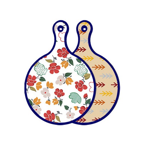 로엠디자인 블루에디션 양면 원형 서빙 도마 floral 목련 패턴, 소나무두목색, 1개