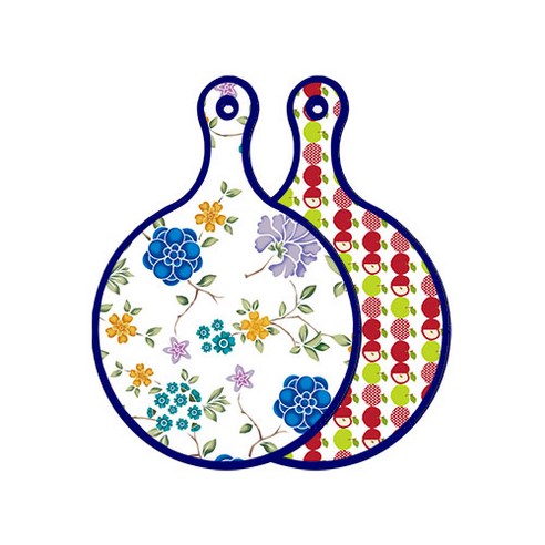 로엠디자인 블루 에디션 양면 원형 서빙 도마 보드 로맨틱블루floral화이트, 애플화이트, 1개