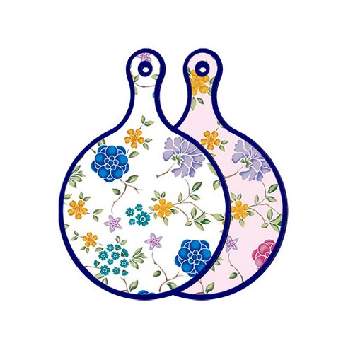 로엠디자인 블루 에디션 양면 원형 서빙 도마 보드 로맨틱블루floral화이트, 로맨틱레드floral연분홍색, 1개
