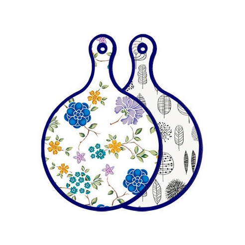 로엠디자인 블루 에디션 양면 원형 서빙 도마 보드 로맨틱블루floral화이트, 나무라인아트웍, 1개