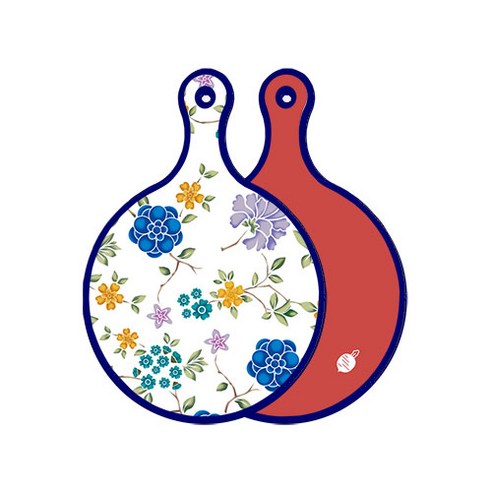 로엠디자인 블루 에디션 양면 원형 서빙 도마 보드 로맨틱블루floral화이트, 레드, 1개