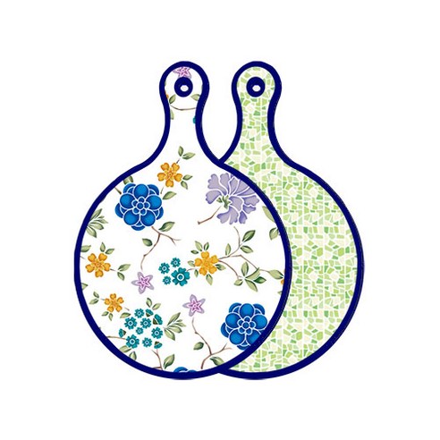 로엠디자인 블루 에디션 양면 원형 서빙 도마 보드 로맨틱블루floral화이트, 그린타일, 1개