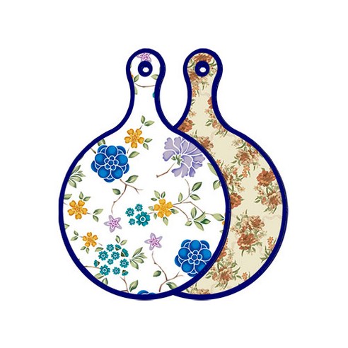 로엠디자인 블루 에디션 양면 원형 서빙 도마 보드 로맨틱블루floral화이트, 두목색플라워, 1개