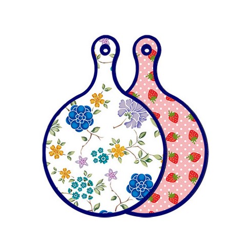 로엠디자인 블루 에디션 양면 원형 서빙 도마 보드 로맨틱블루floral화이트, 핑크딸기, 1개