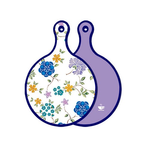 로엠디자인 블루 에디션 양면 원형 서빙 도마 보드 로맨틱블루floral화이트, 보라, 1개