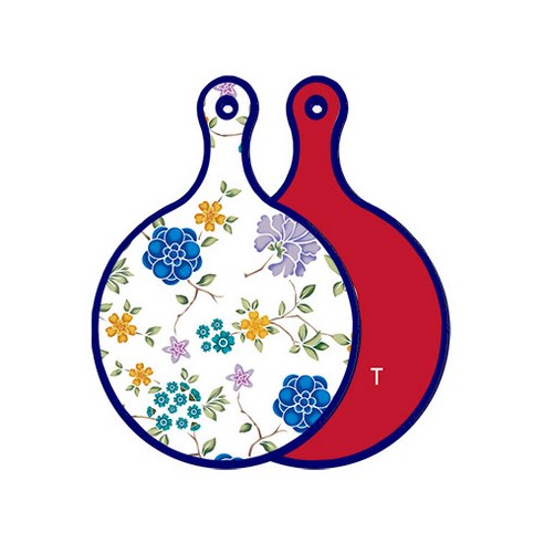 로엠디자인 블루 에디션 양면 원형 서빙 도마 보드 로맨틱블루floral화이트, 미트레드, 1개