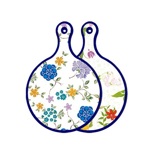 로엠디자인 블루 에디션 양면 원형 서빙 도마 보드 로맨틱블루floral화이트, 플라워동백, 1개