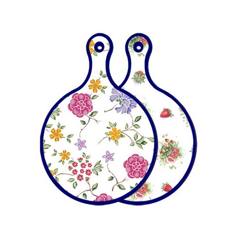 로엠디자인 블루 에디션 양면 원형 서빙 도마 보드 로맨틱레드floral화이트, 딸기아트웍, 1개