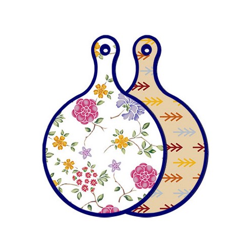 로엠디자인 블루 에디션 양면 원형 서빙 도마 보드 로맨틱레드floral화이트, 소나무두목색, 1개